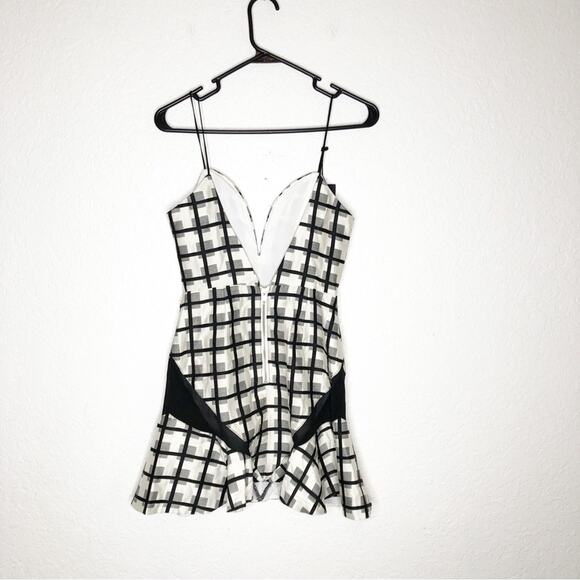 NBD Daylight Bliss black white plaid plunge neck flounce skirt mini dress NWT - Picture 15 of 16